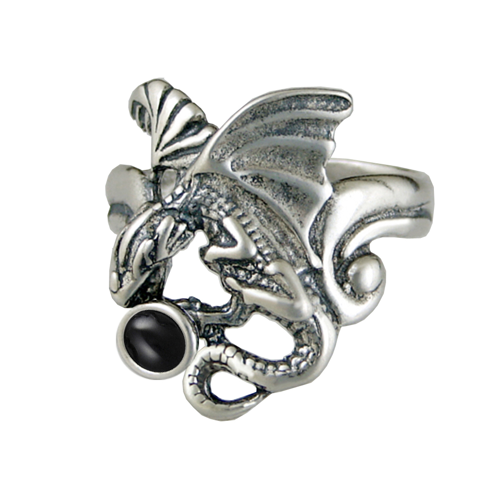 Sterling Silver Detailed Dragon Ring With Black Onyx Size 6